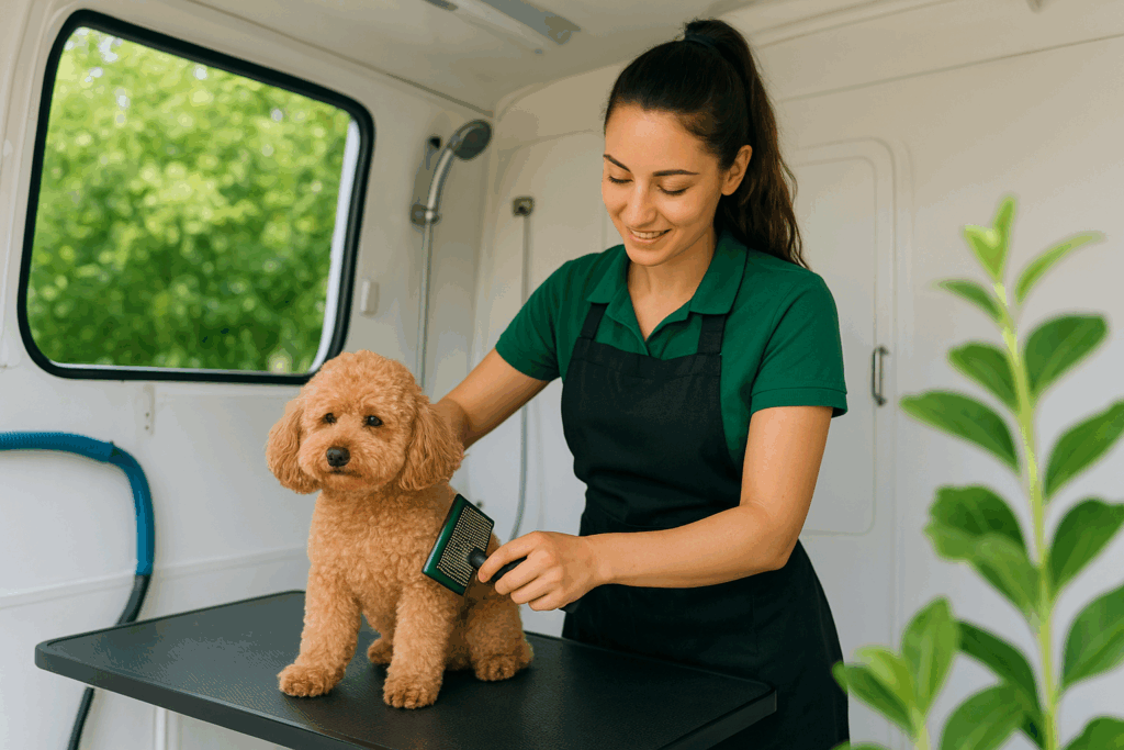 grooming poodle in mobile pet van